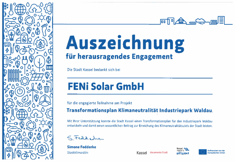 Auszeichnung für FENi Solar GmbH, Kassel, für Engagement im Transformationsplan Klimaneutralität.