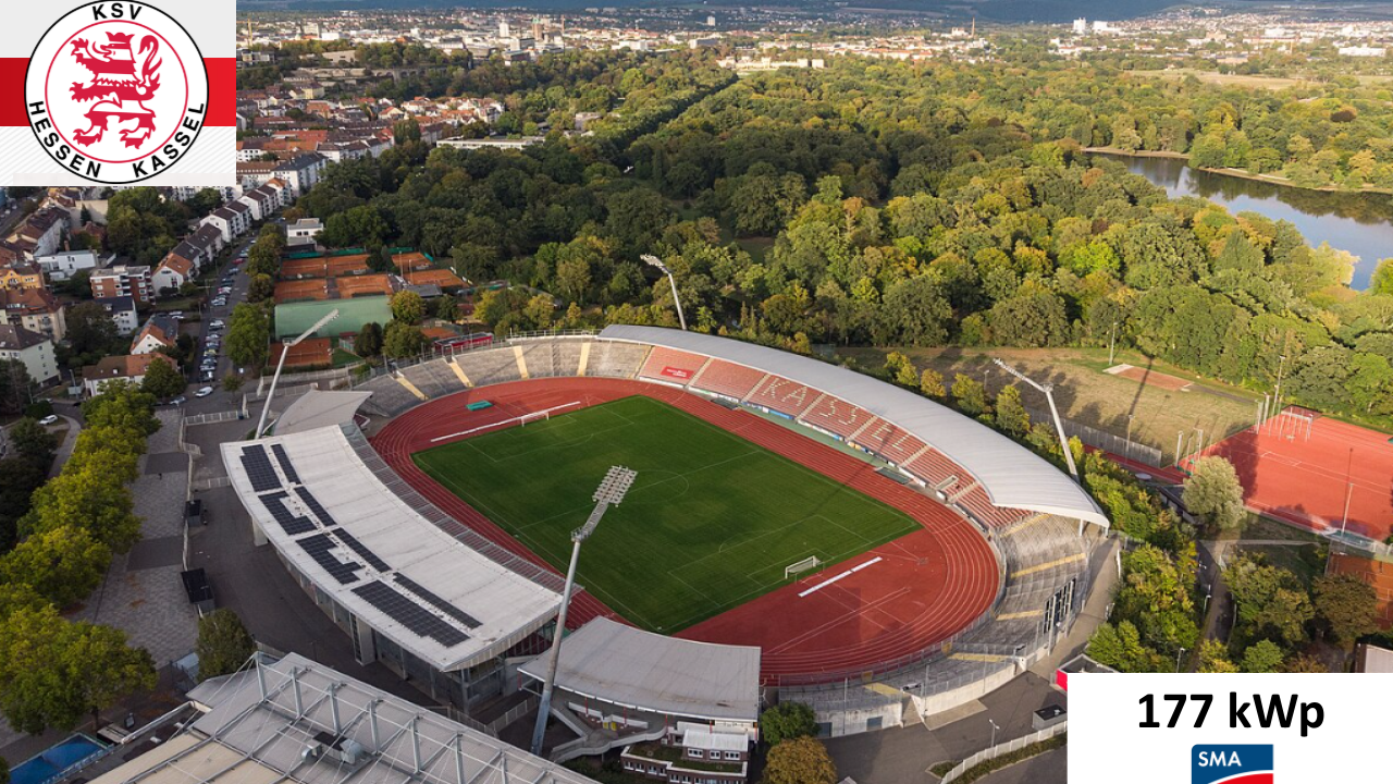 Luftaufnahme eines grossen Fussballstadions mit roter Laufbahn und viel Gruen drumherum