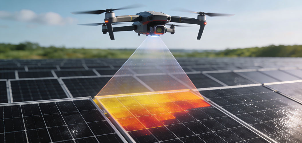 Eine schwarze Drohne fliegt über glänzende Solarpanels mit sichtbarer Wärmebildkamera