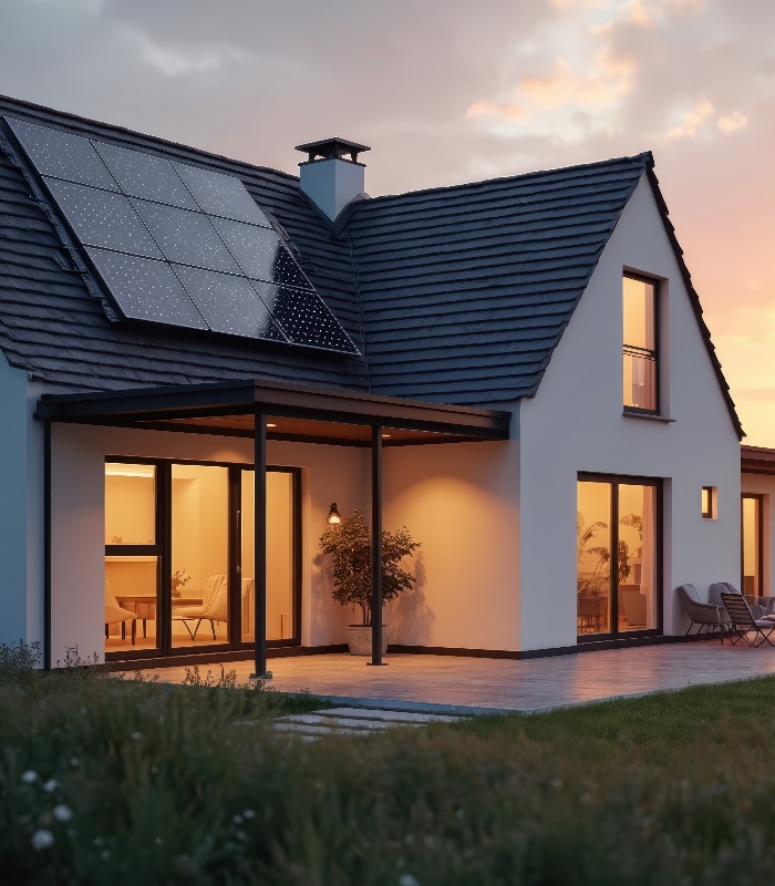 Modernes weißes Haus mit Sonnenkollektoren auf dem Dach vor dem Hintergrund des Sonnenuntergangs. Zeitgemäßes, umweltfreundliches Wohndesign. Erneuerbare Energie für Häuser im Immobilienkonzept.