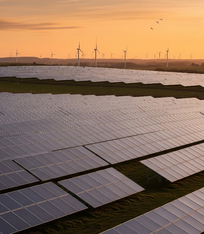 Sonnenkollektoren und Windkraftanlagen in einem Windpark bei Sonnenuntergang.