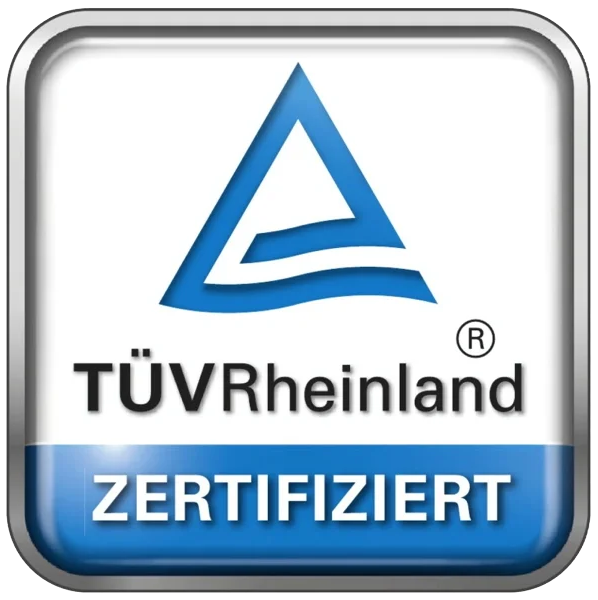 TÜV Rheinland Logo in Blau mit stilisiertem Dreieck und Zertifiziert Schriftzug auf Silber
